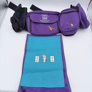 IBM 1996 Olympics Purple Fanny Pack Waist Bag 3 Collectable Enamel Lapel Pin VTG